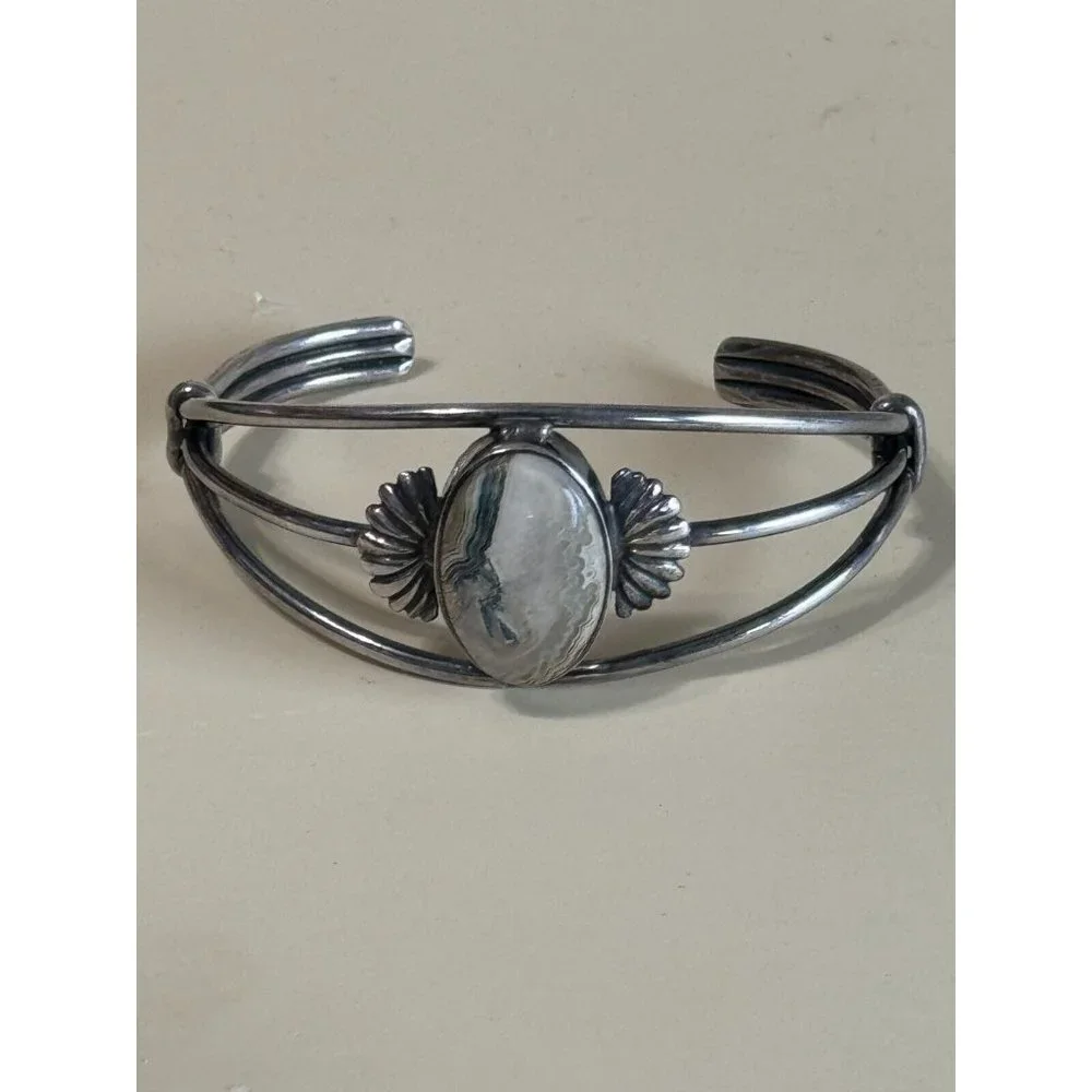 Vintage GFMW Sterling Silver Green Lace Jasper Cuff Bracelet 6 1/4' - Picture 10 of 11